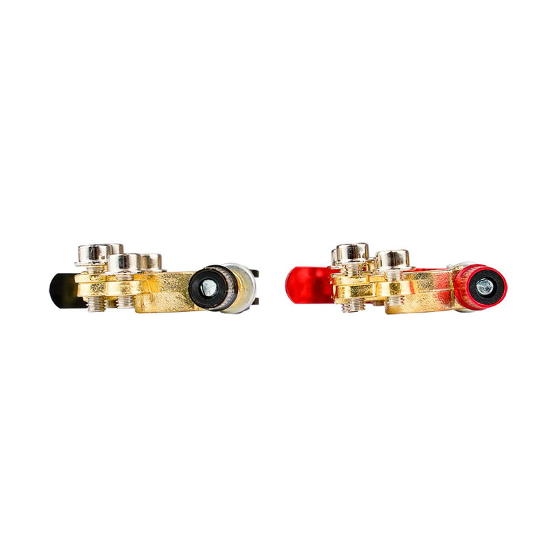 Quick-release battery terminals, black and red housings with screw terminals and rubber boots