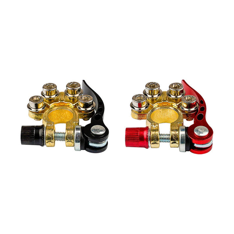 Battery terminal pair, top view: black and red quick-release clamps with gold bolts
