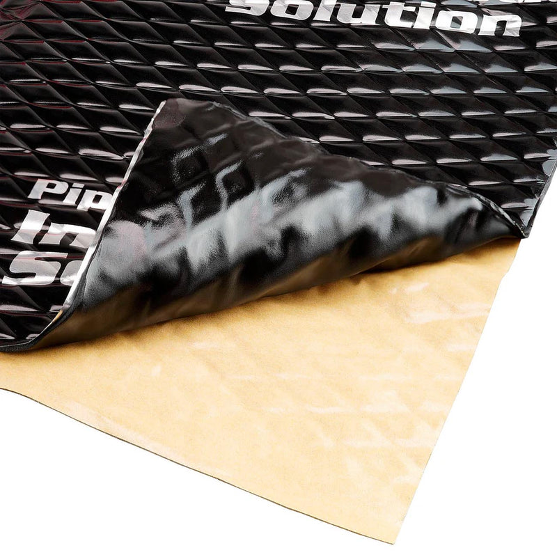 Sound dampening mat sheet with black textured surface and reflective backing