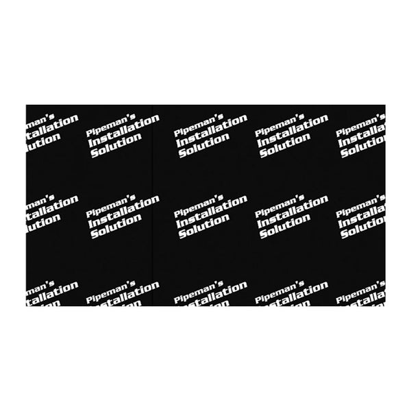 Black sound dampening mat sheet with repeating Pipeman's Installation Solution branding