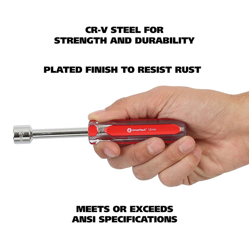 Red metric nutdriver held in hand, chrome hex tip on metal shaft, red handle