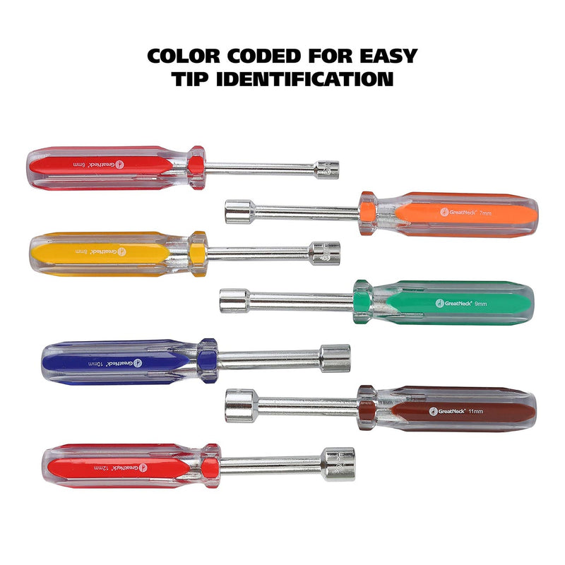 Color-coded metric nutdrivers with metal shafts and hex tips, assorted lengths