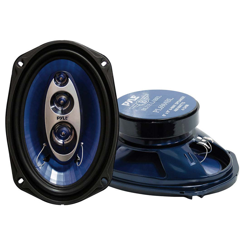 6x9" 4-way speaker pair with blue cones, silver drivers, and black mounting