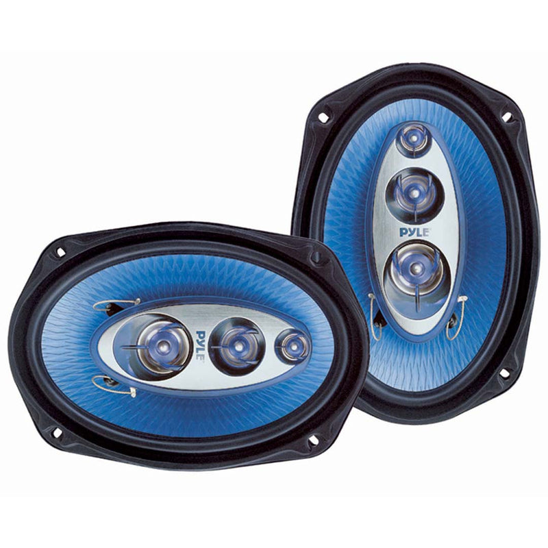 Pair of 6x9" 4-way speakers with blue cone drivers and black frames