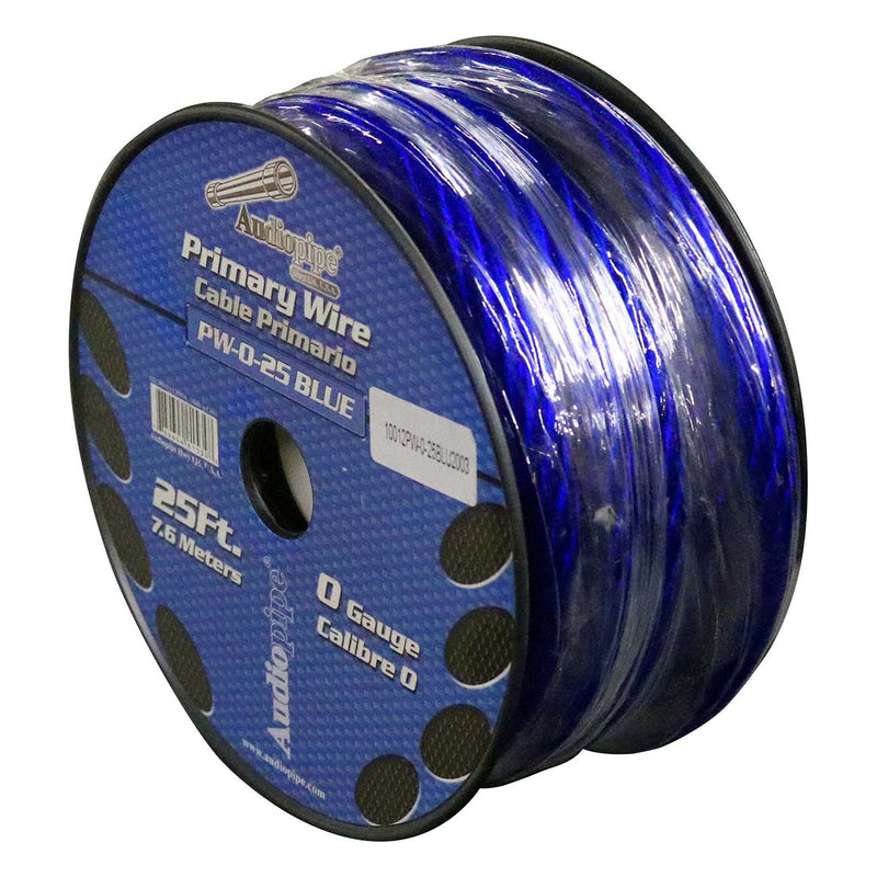Blue 0-gauge power cable spool reel, 25 ft (6 m) Primary Wire PN0-25