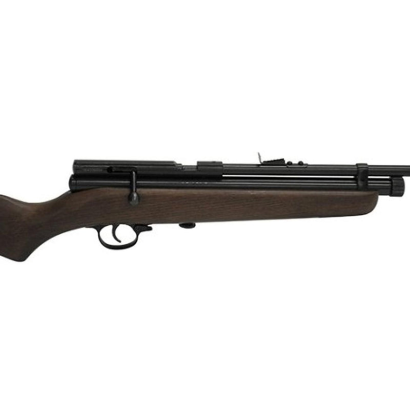 Wood-stock pellet air rifle side view with black receiver and scope rail