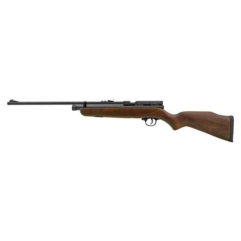 Single-shot pellet air rifle with wood stock and black barrel, full side view