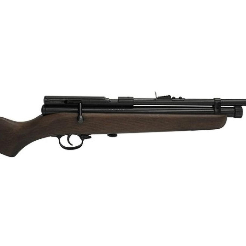 Single-shot pellet air rifle with wood fore-end and top rail, close side view