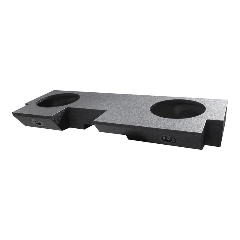 Black sealed dual subwoofer enclosure with two round openings and a center slot port