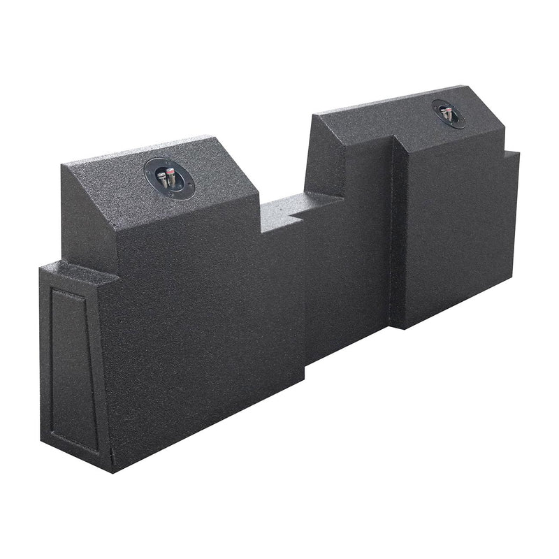 Black sealed dual subwoofer enclosure with two large round openings and two small top ports