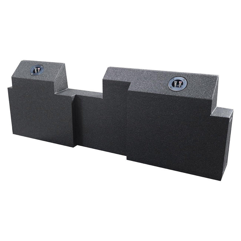Black sealed dual subwoofer enclosure with two round 12 in openings and top terminal mounts
