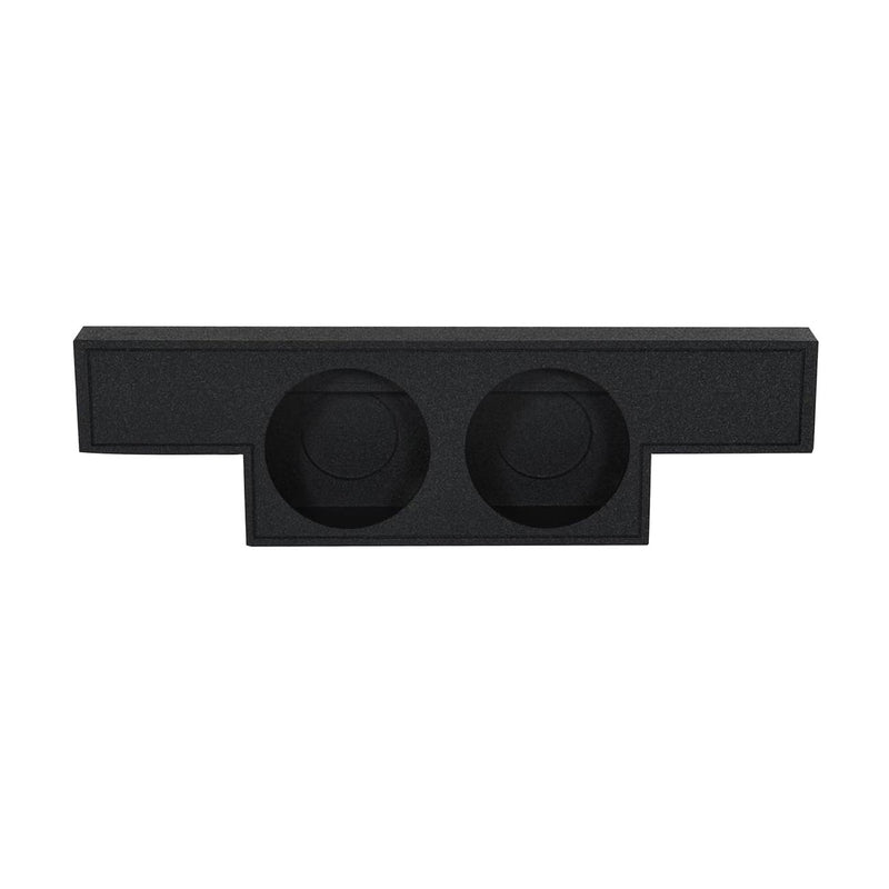 Dual 10-inch vented empty woofer box, black panel with two circular speaker openings