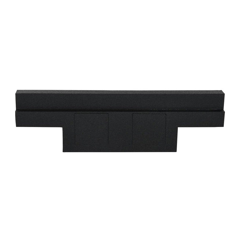 Dual 10-inch vented empty woofer box, rear view with rectangular center panel