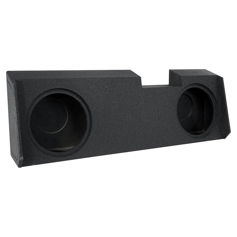 Qpower qbomb dual 12-inch sealed woofer box, angled view with two circular openings