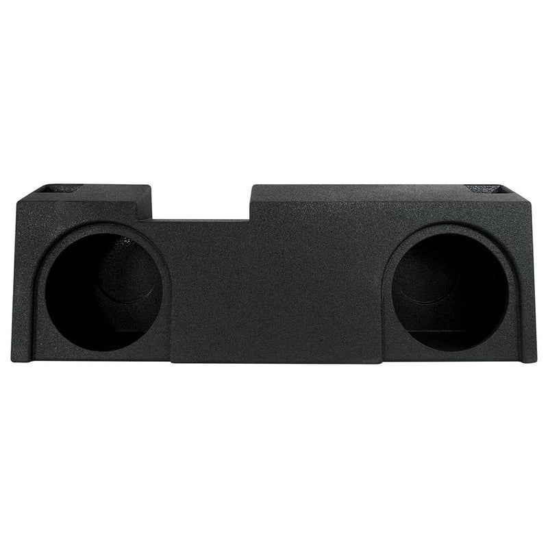 Empty dual woofer box with two round openings and top vent cutouts, textured black
