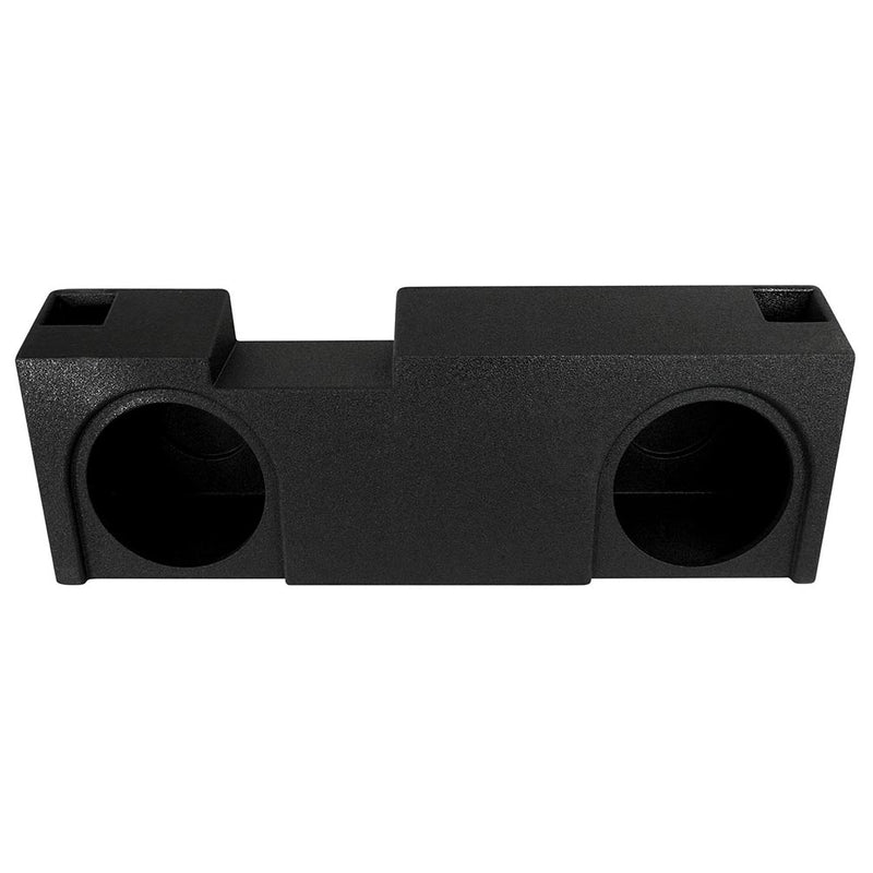 Textured black vented dual woofer enclosure with two large circular openings