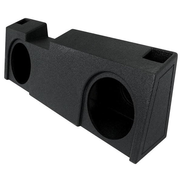 Vented dual woofer empty box with two round cutouts, textured black finish