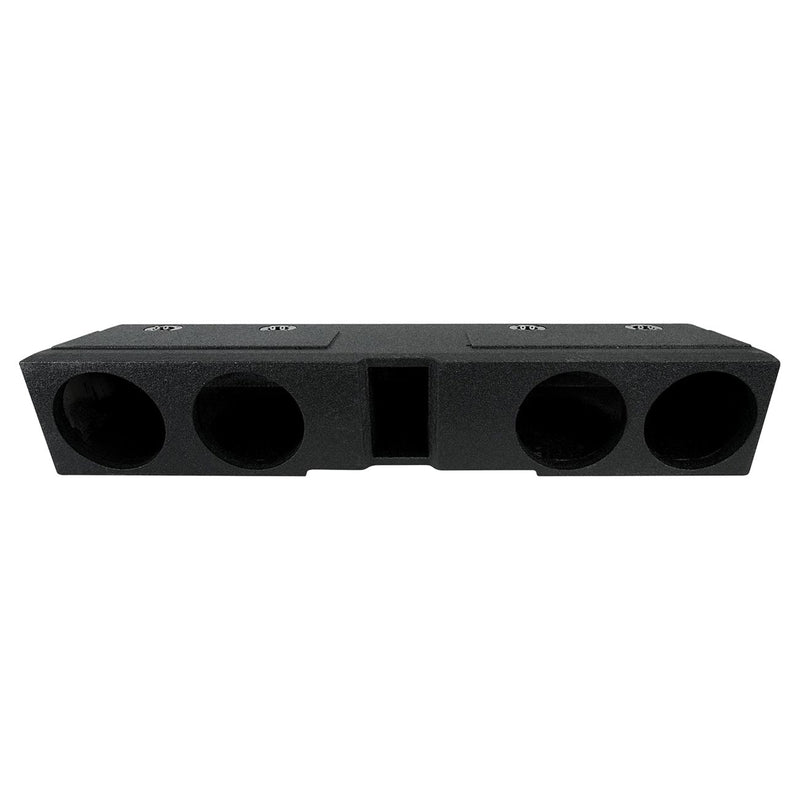 Black ported woofer enclosure with four front round openings and flat top panel.