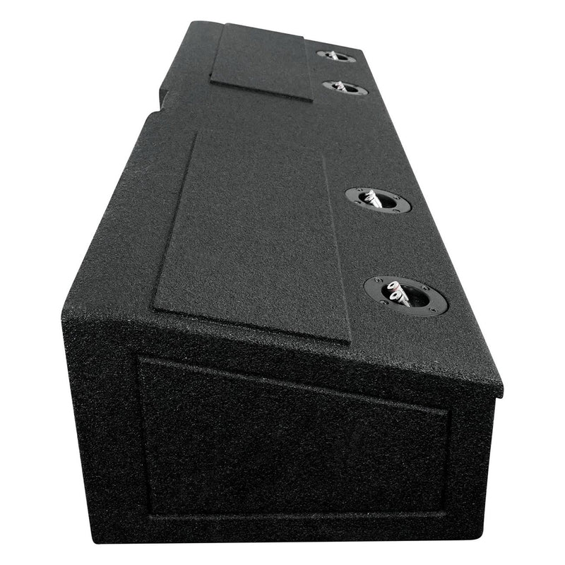 Black textured woofer enclosure with screw-capped openings and molded top panel.