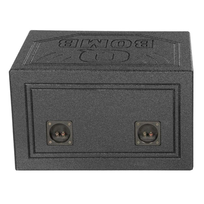 Dual 12-inch empty woofer box back panel with two speaker terminals.