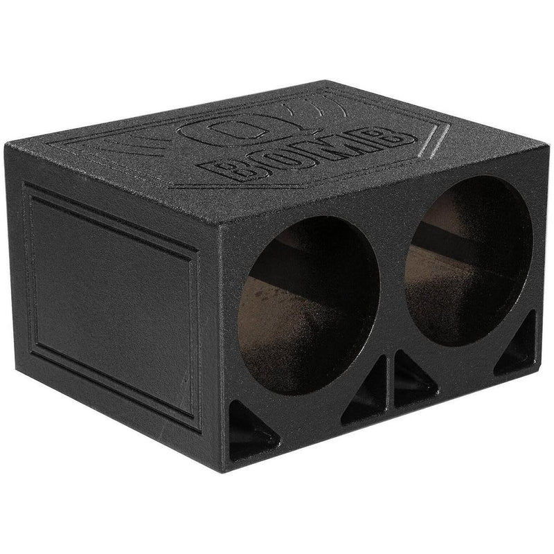Dual 12-inch empty woofer box side view with two woofer openings and vent port.