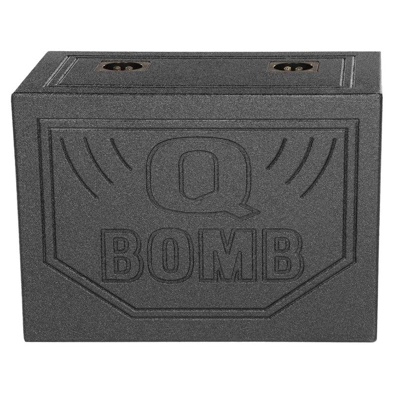 Dual 12-inch empty woofer box top with embossed 'BOMB' logo and terminal cutouts.
