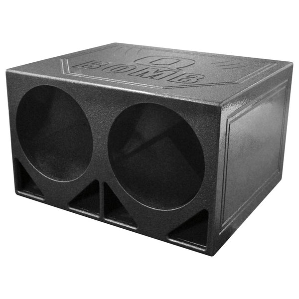Dual 12-inch turbo-ported empty woofer box with two large circular openings.