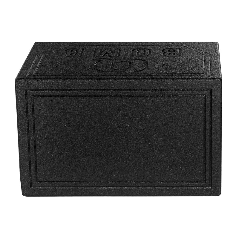 Black subwoofer enclosure end panel with embossed lettering and framed rectangular recess