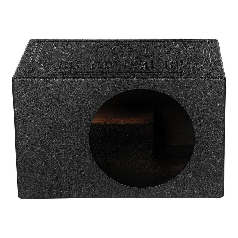 Black subwoofer enclosure with circular driver cutout and recessed opening
