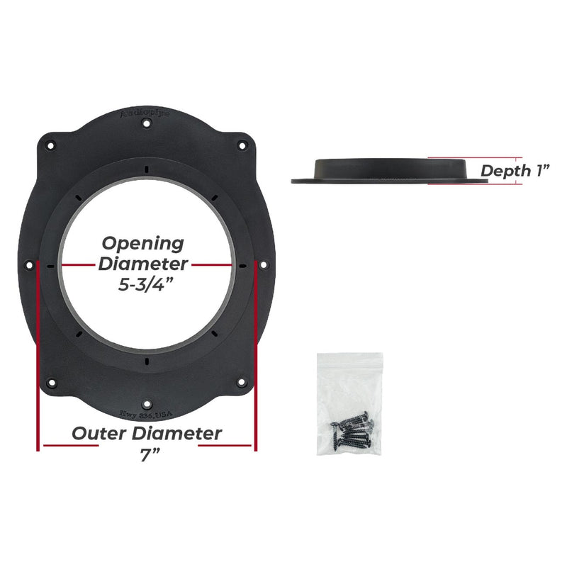 Black PVC adapter ring spacer with 5-3/4 in opening, 7 in outer, 1 in depth