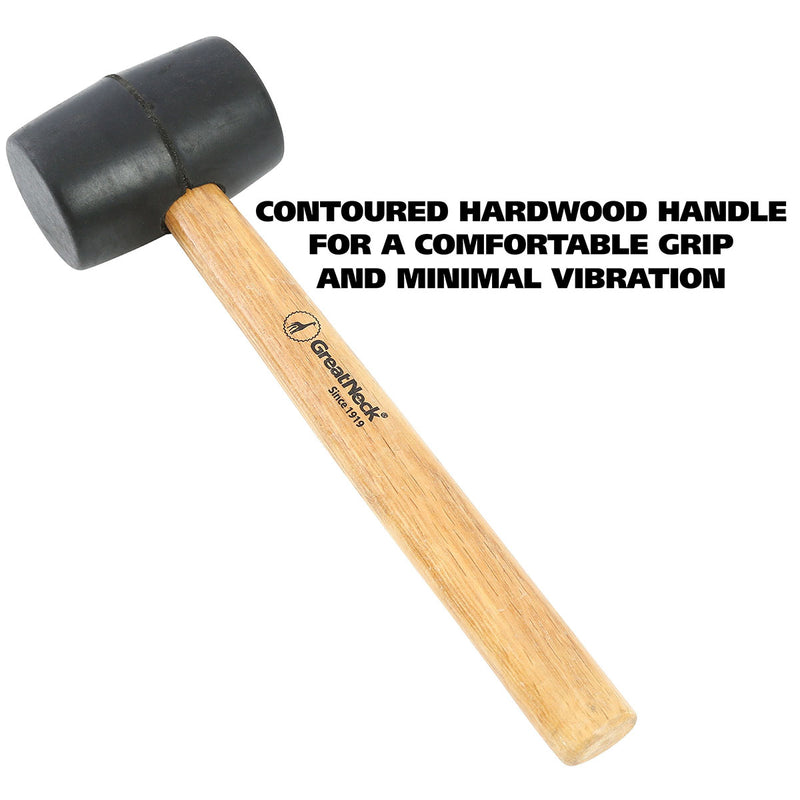 Rubber mallet with contoured wooden handle and dark rubber head