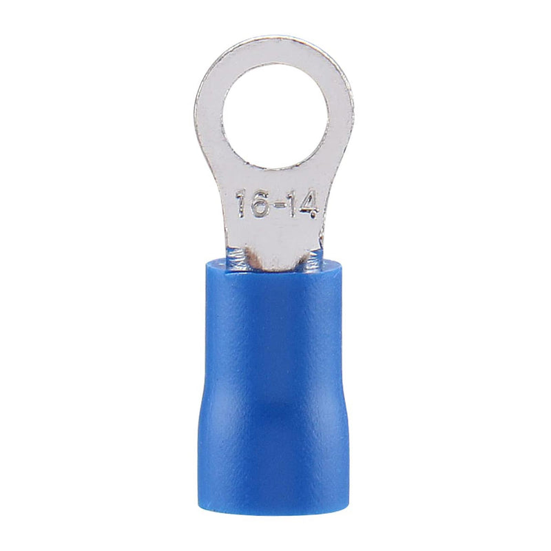 Blue wire ring terminal with round eyelet and stamped marking near the barrel
