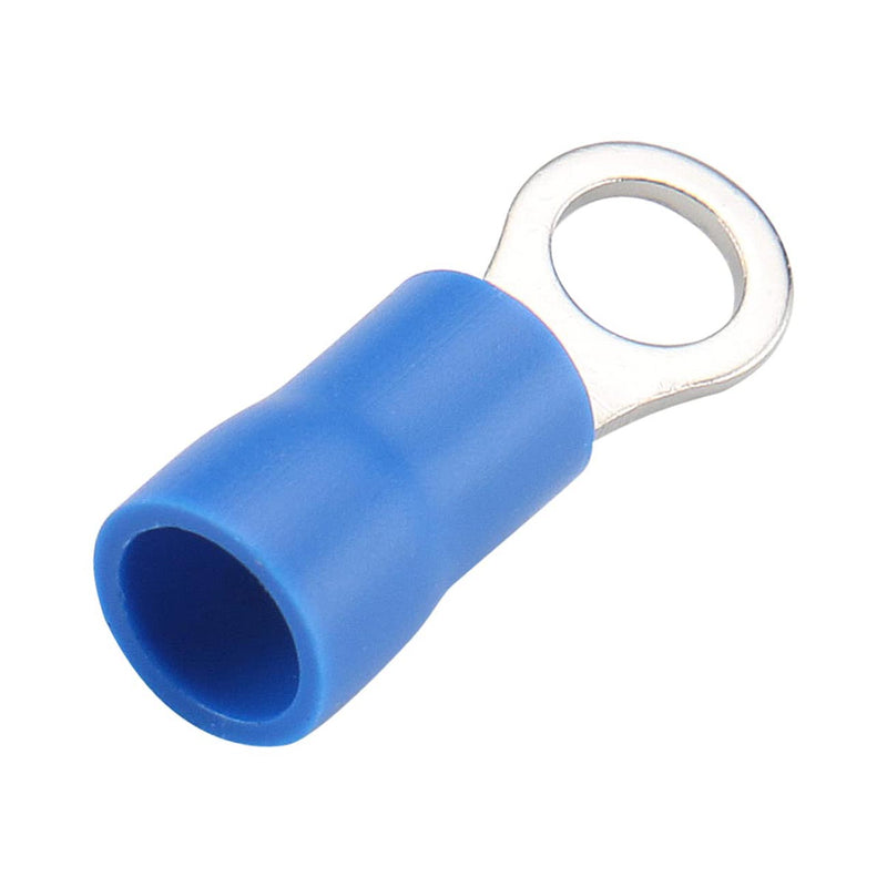 Blue insulated ring terminal with circular metal eyelet, open end showing inside