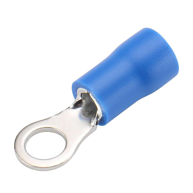 Blue insulated ring terminal with crimp barrel and circular eyelet, side view