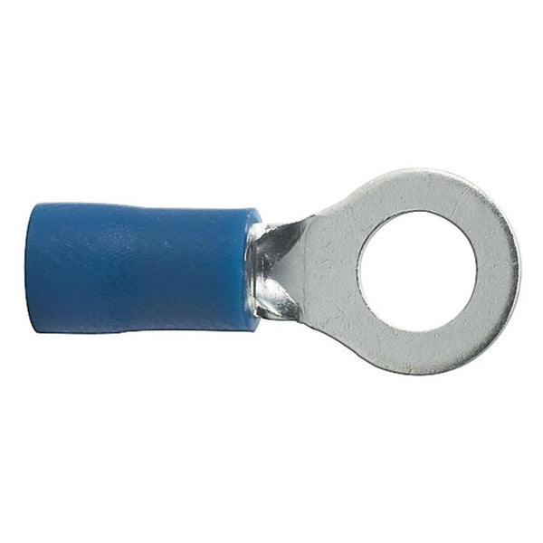 Blue ring terminal with crimp barrel and circular eyelet, 14–16 AWG, #8 size