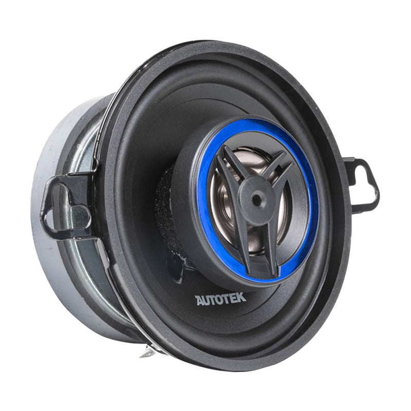 3.5-inch 2-way car speaker with black cone, blue ring, and side mounting brackets