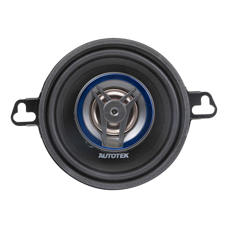 3.5-inch 2-way car speaker with black cone, blue ring, and silver driver