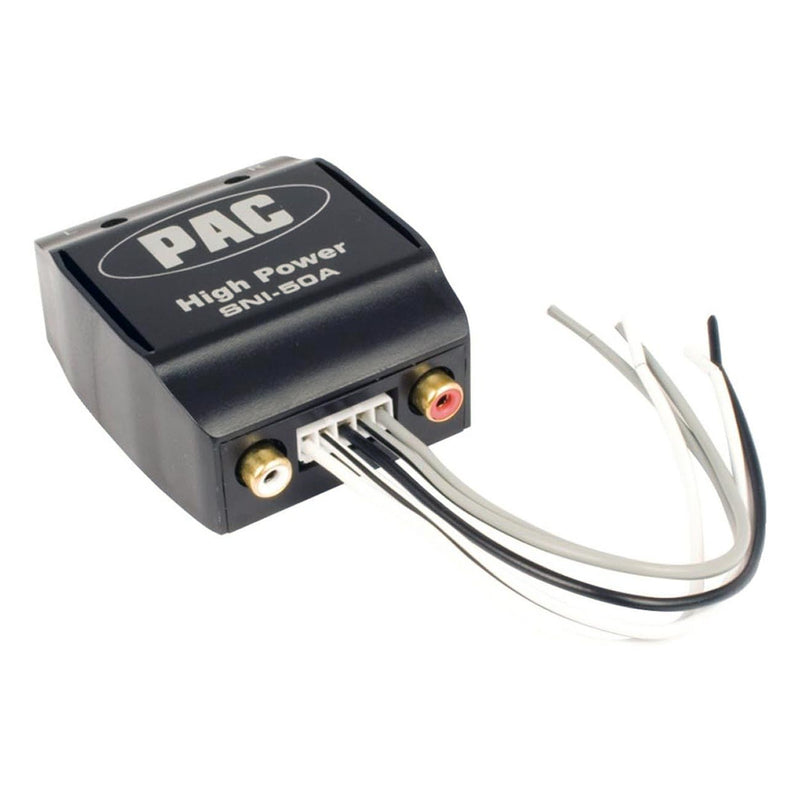 PAC high power line output converter with RCA-style ports and connected wire harness