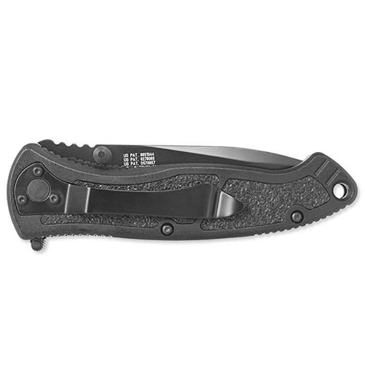 Black folding pocket knife with textured handle, latch, and thumb stud