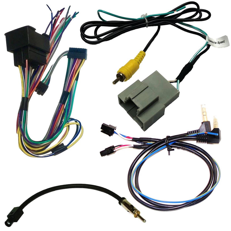 Radio replacement interface wiring harness set with module, RCA plug, and connectors