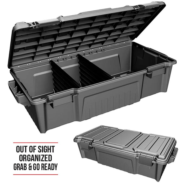 Gray under-seat gear storage crate with hinged lid and interior divider panels