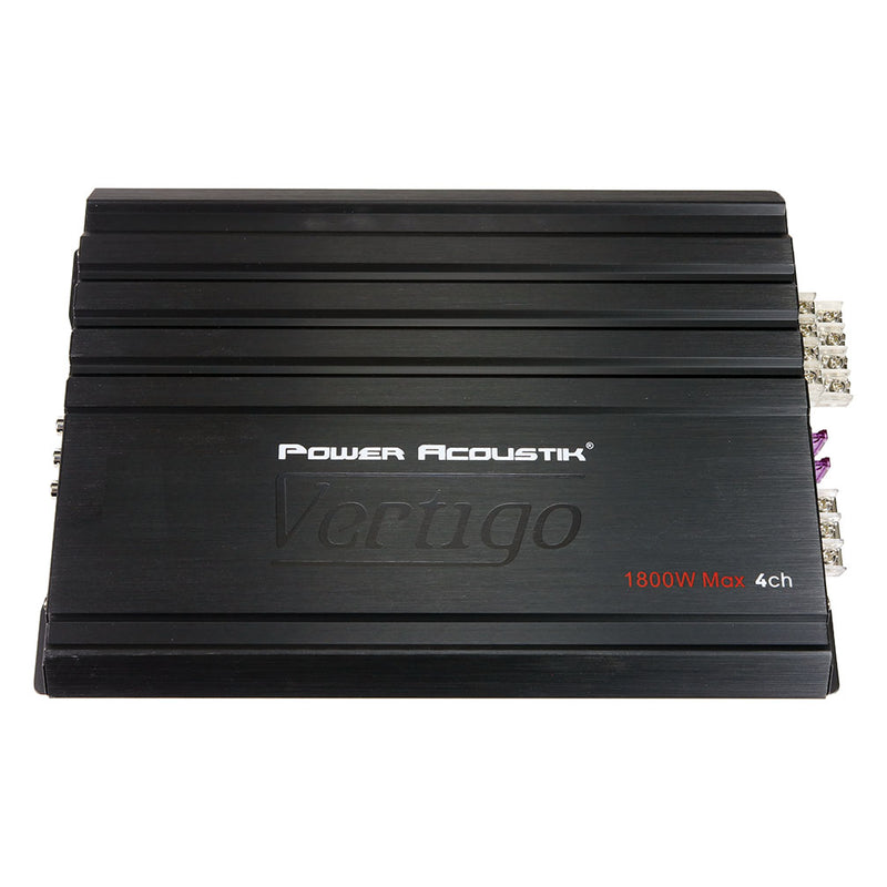 Power Acoustik Vertigo car amplifier, black top with 1800W Max 4ch label