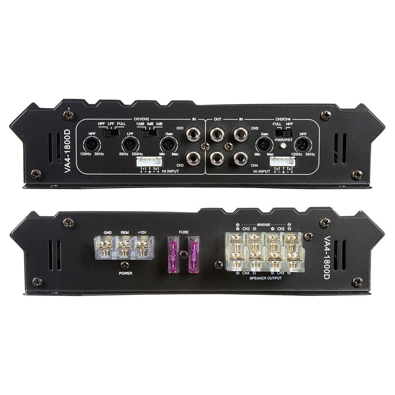 Power Acoustik Vertigo amplifier rear panel with wiring terminals and control ports