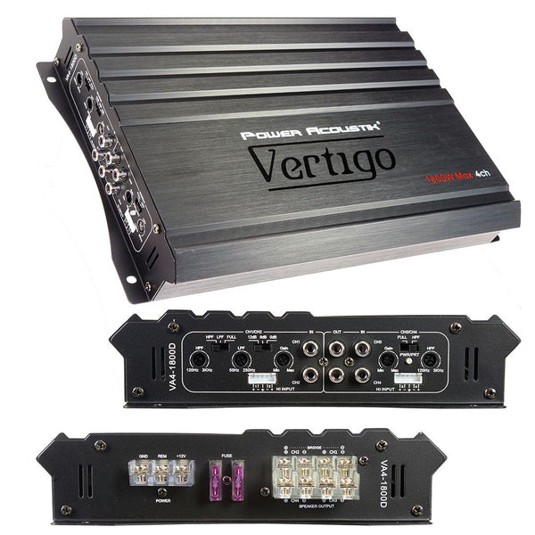 Power Acoustik Vertigo 4-channel car amplifier, black with ports and panel
