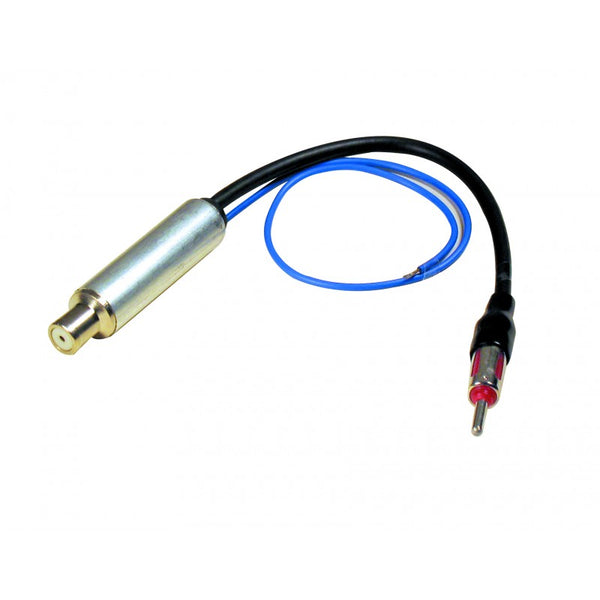 Metal antenna adapter with blue/black cable and inline connector plug