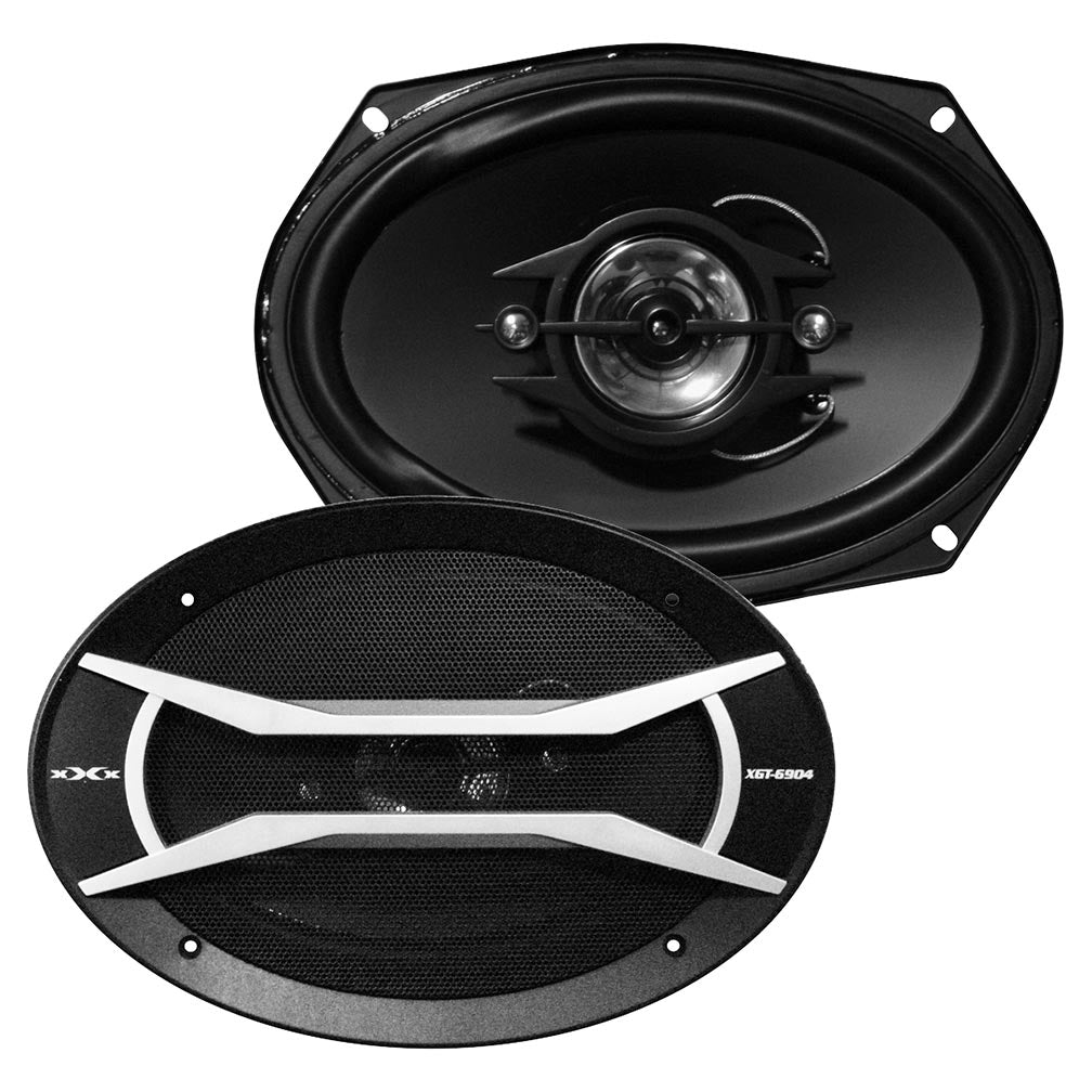 Black 6x9 car speakers with dual woofers and front mesh grille, pair view