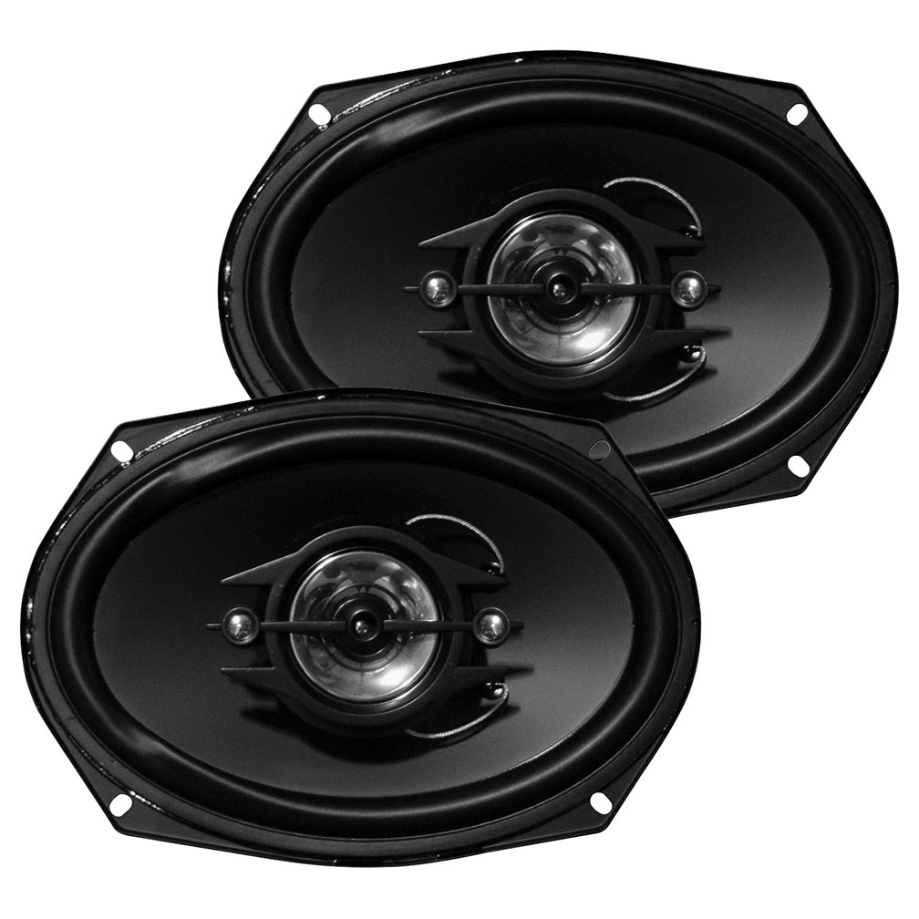 Black 6x9 car speakers showing tweeter and woofer cones behind mesh grilles