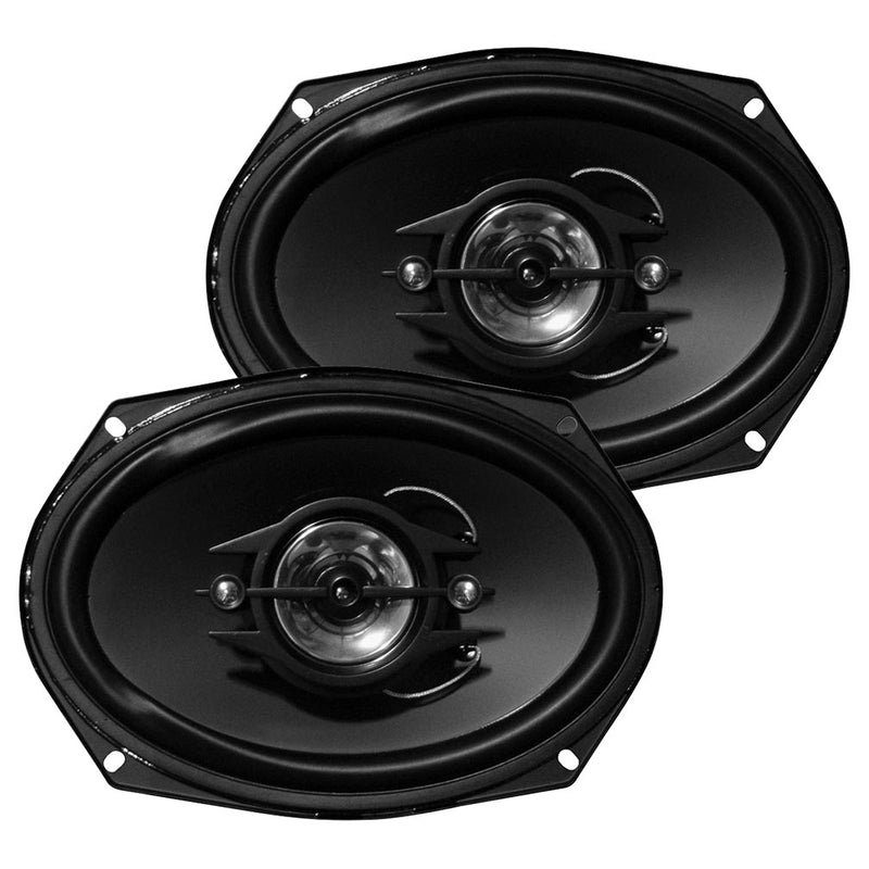 Black 6x9 car speakers showing tweeter and woofer cones behind mesh grilles