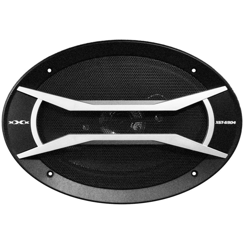 Black 6x9 speaker with white accent grille pattern and full mesh front