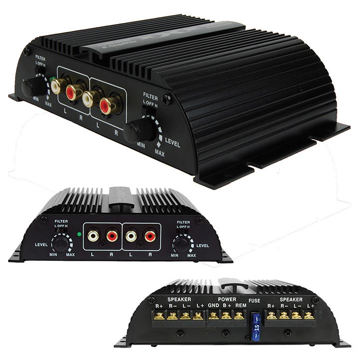 Black 4-channel IC car amplifier with RCA inputs, filter knobs, and level controls